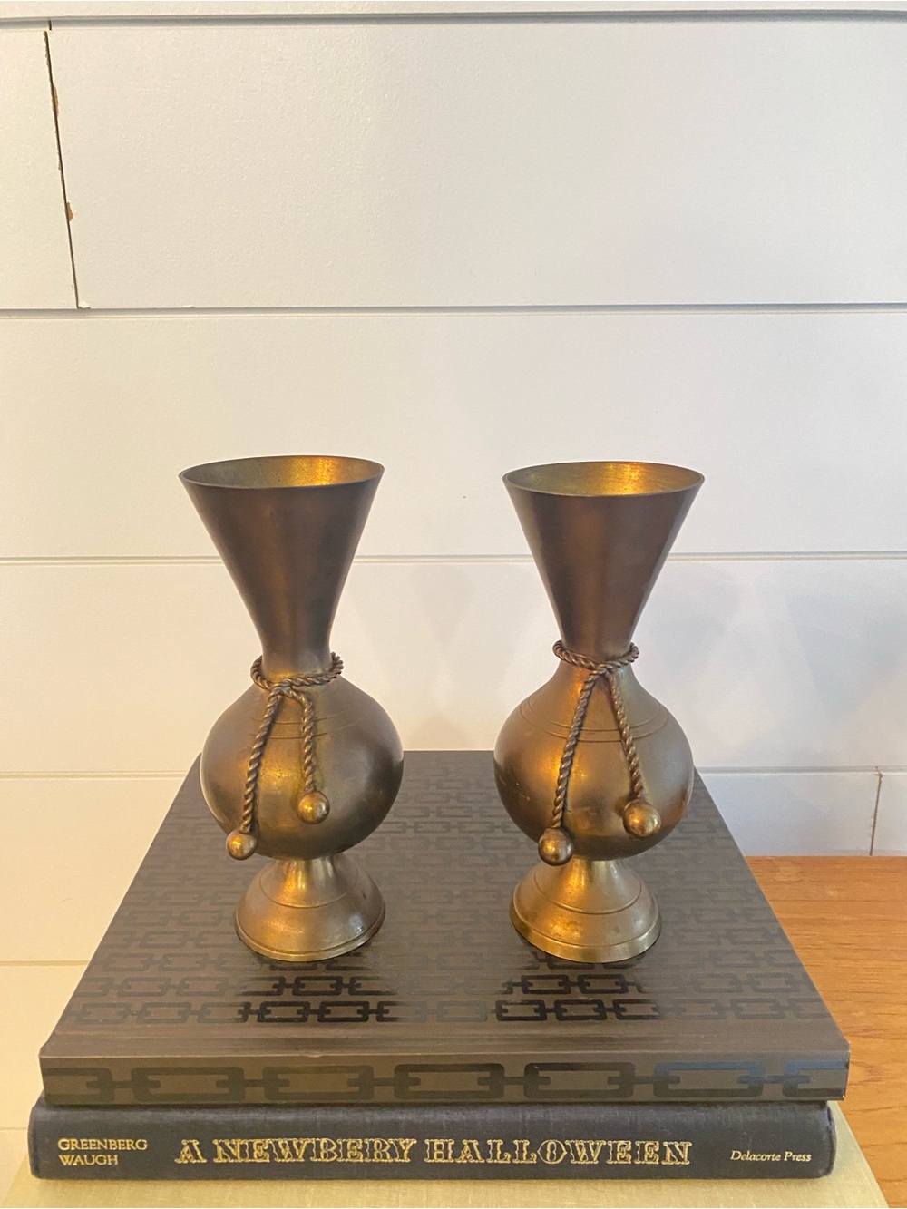 Mid-Century Modern Set Of 2 Solid Brass Vases With Rope And Tassel Detail